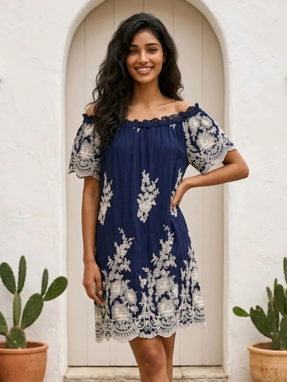 Altar’d State Off Shoulder Dress Small Navy Embroidered Mini Shift Dress
